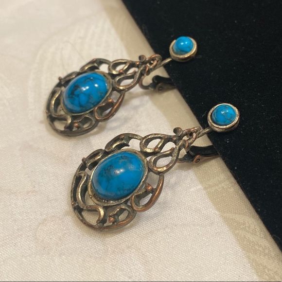 Vintage Silver And Faux Turquoise Dangling Earrings - Picture 7 of 14